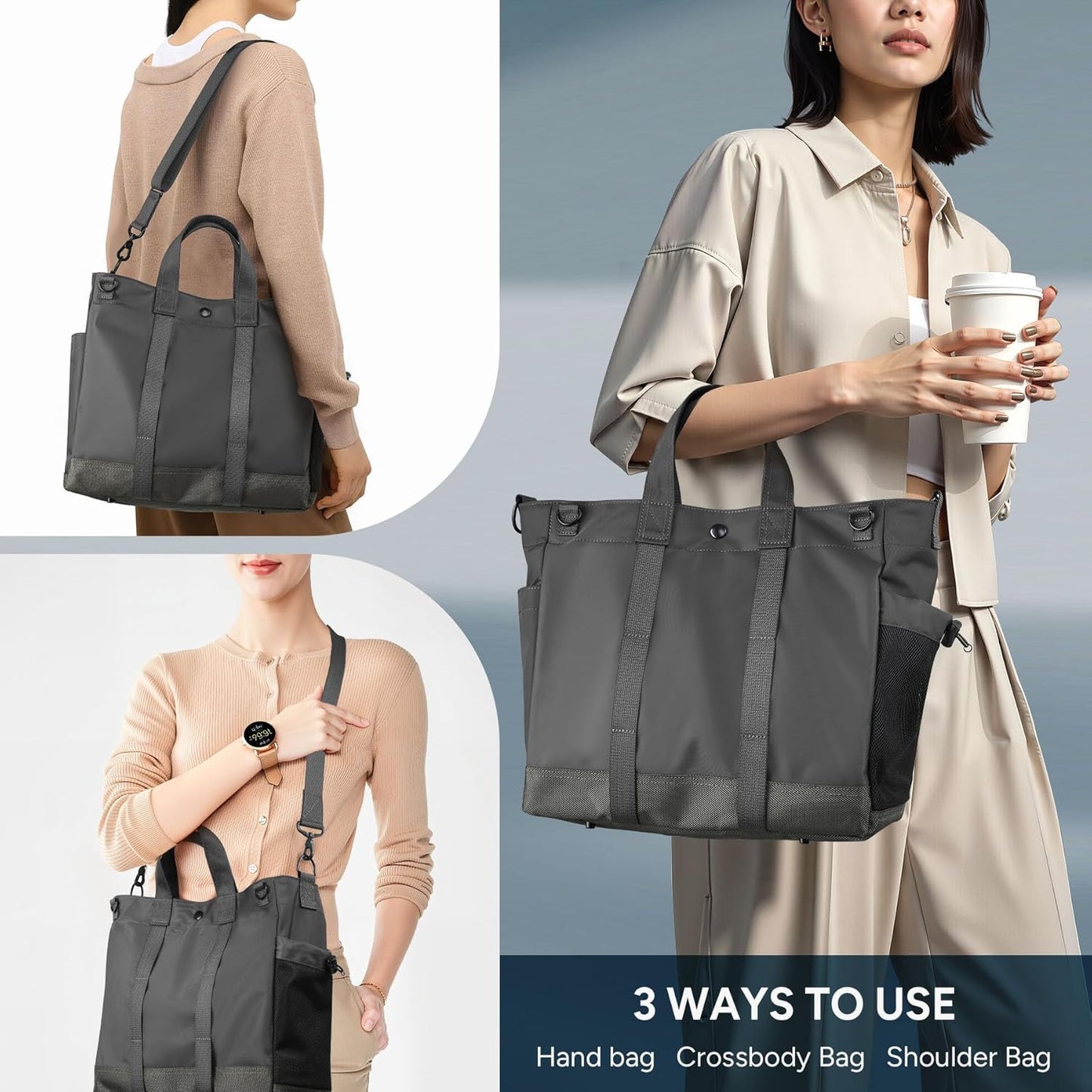 Unisex totebag til bærbar computer med flere rum og justerbar rem
