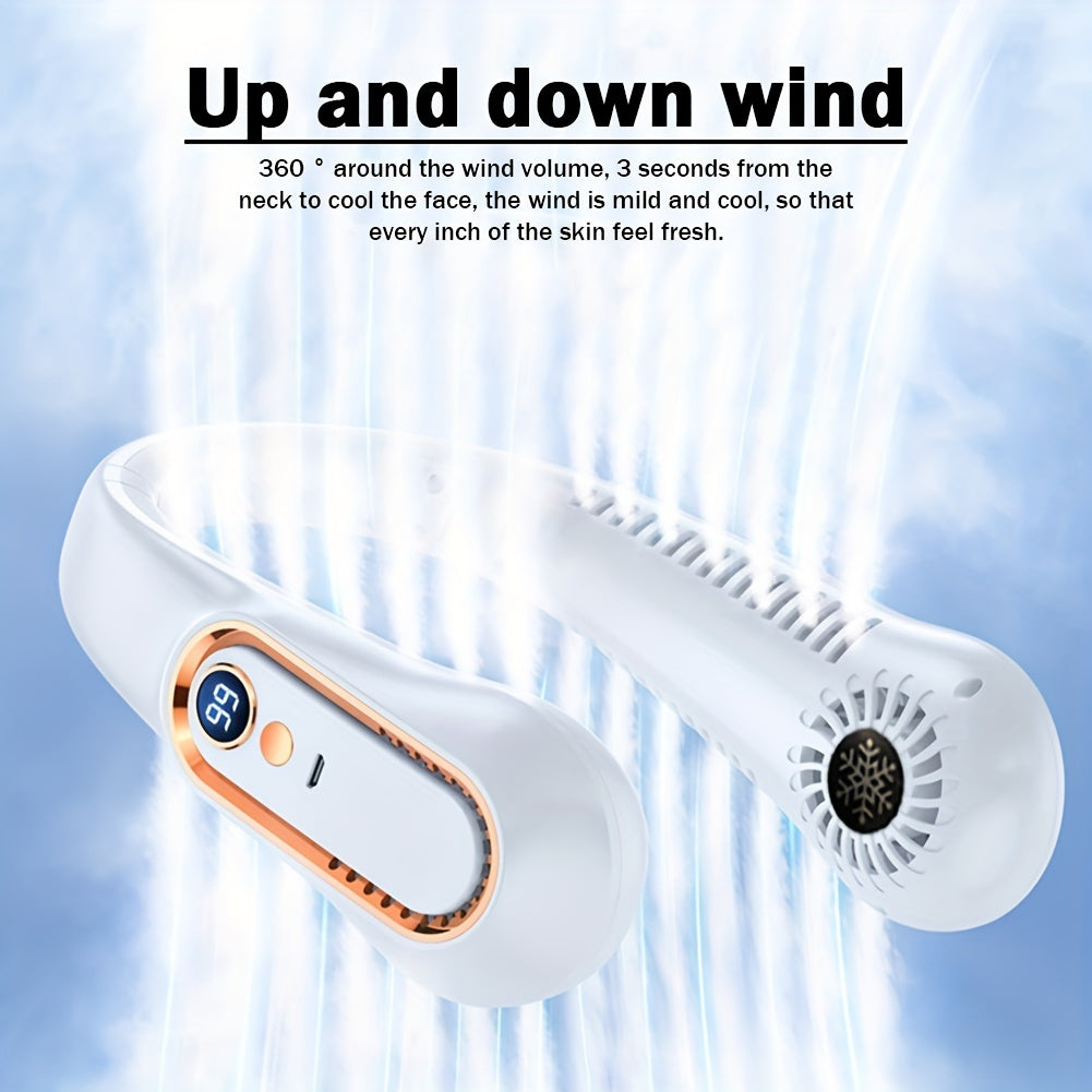 USB-genopladelig vingeløs nakkeventilator med 5 hastighedstrin og digitalt display