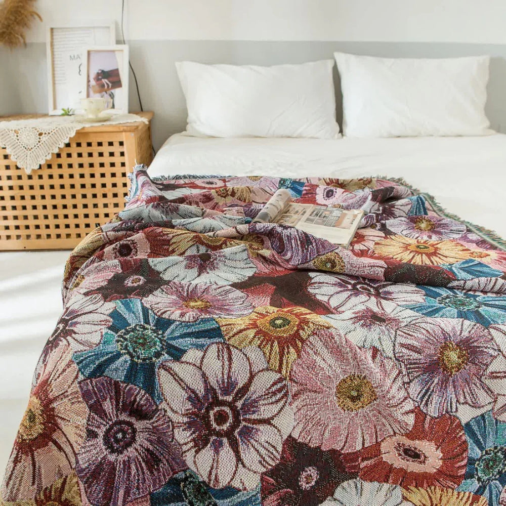 Vævet vintage-blomstertæppe med frynser
