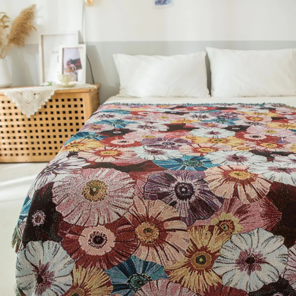 Vævet vintage-blomstertæppe med frynser