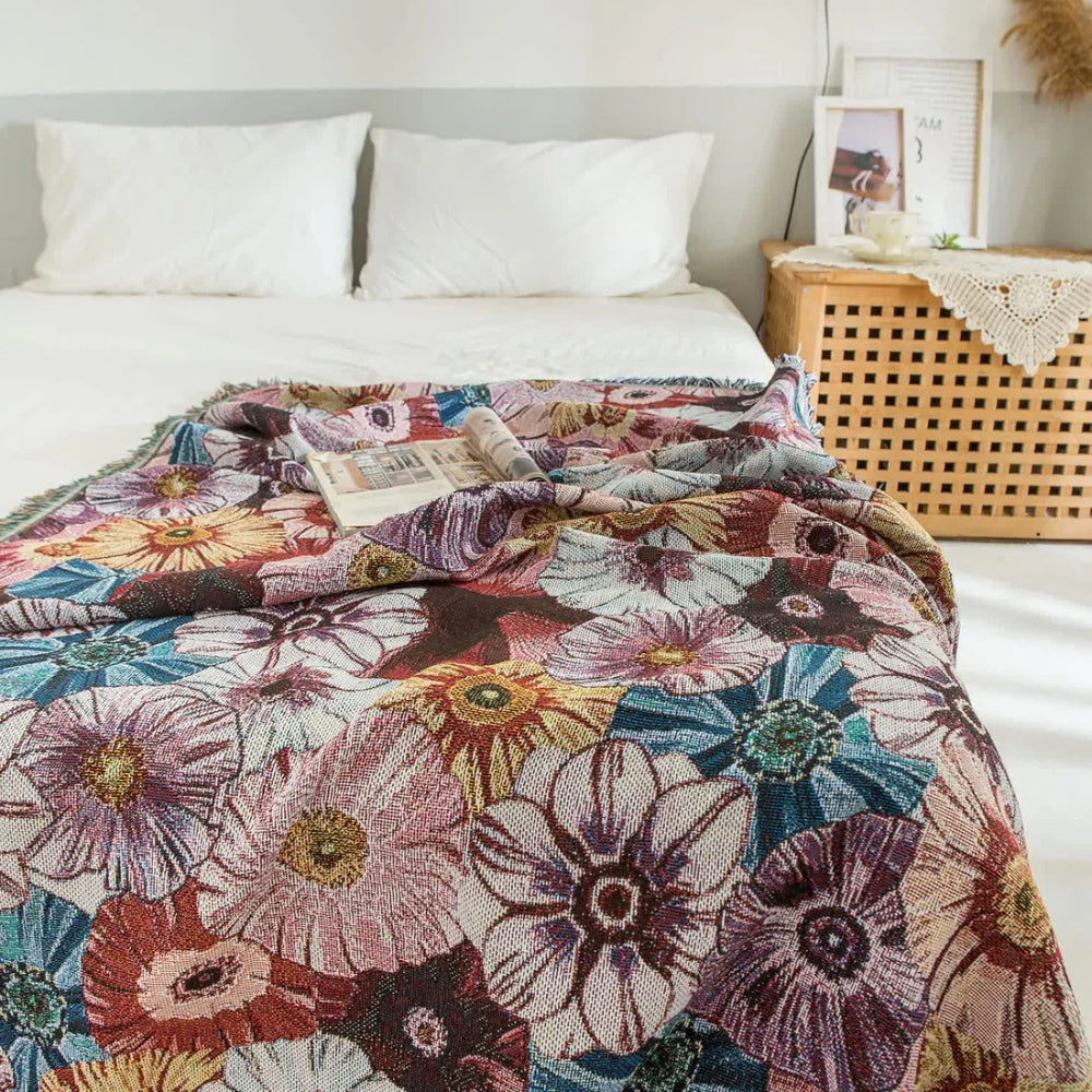 Vævet vintage-blomstertæppe med frynser