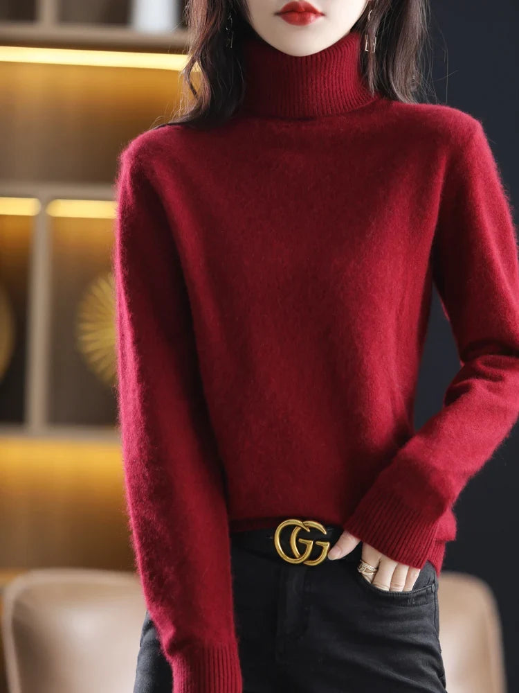 Varm, tætsiddende rullekravestriktrøje i 100 % kashmir til damer i 23 farver