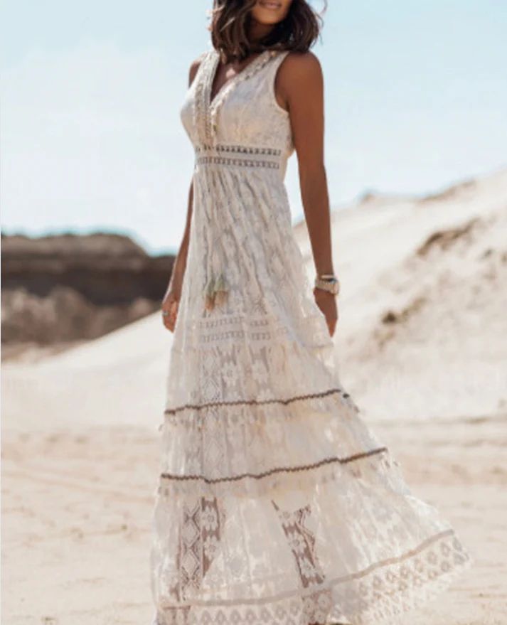 Vintage boho-maxikjole med snøre